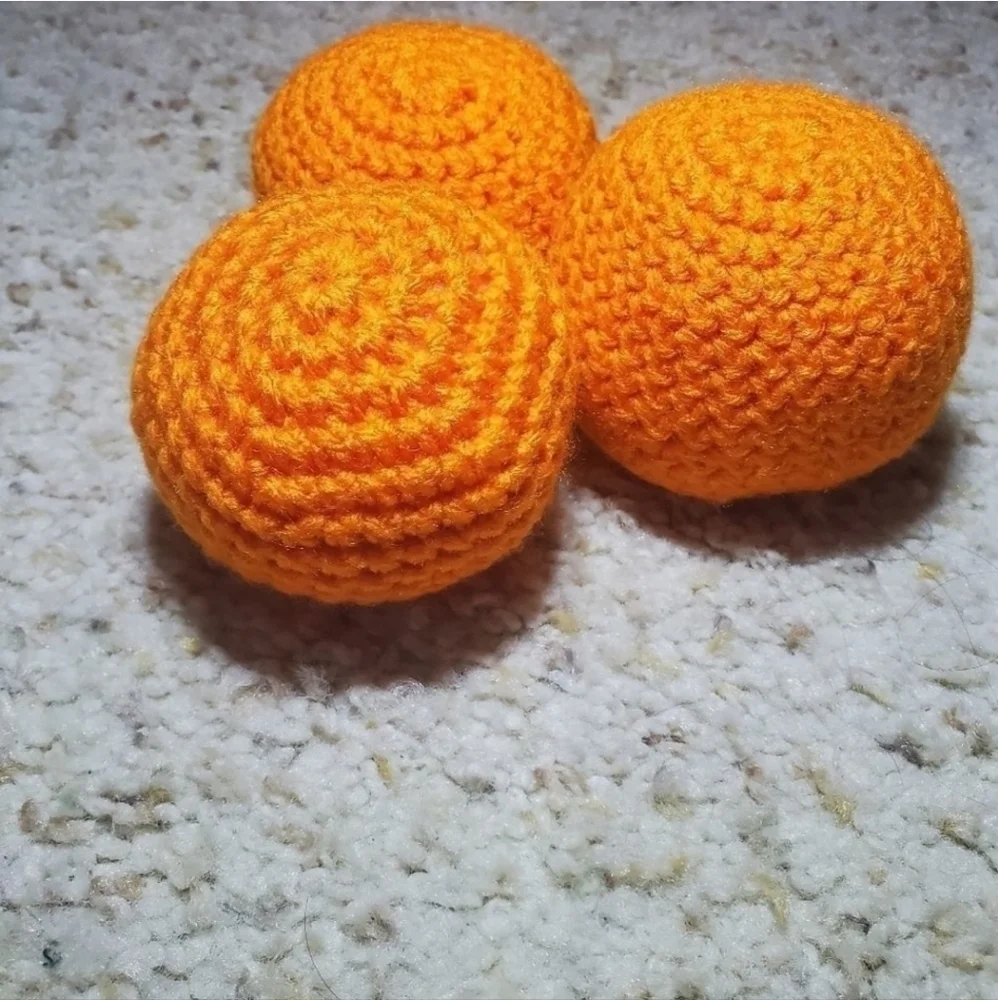 3 non squeaky balls. Homemade no pop crochet balls for toddlers, puppy, cats